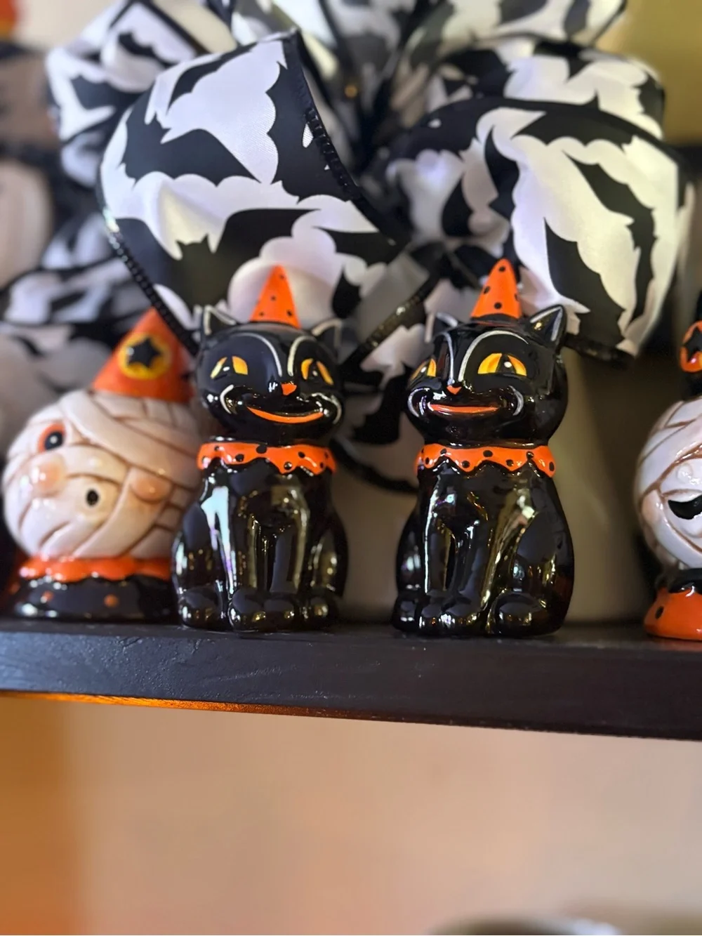 Johanna Parker Halloween Black Cat Salt & Pepper Shakers Orange Accents NWT! 🐈‍⬛